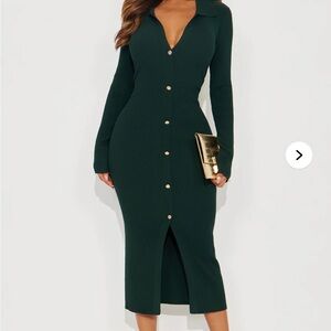 Fashion Nova Jada Long Sleeve Ribbed Midi Dress - Hunter Green - Size M